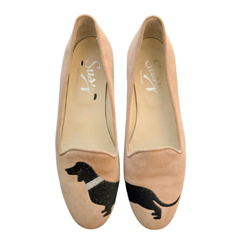 Embroidered Dog Loafers Susy Dachshund Beige Black Suede Italy 38.5 Preppy Puppy